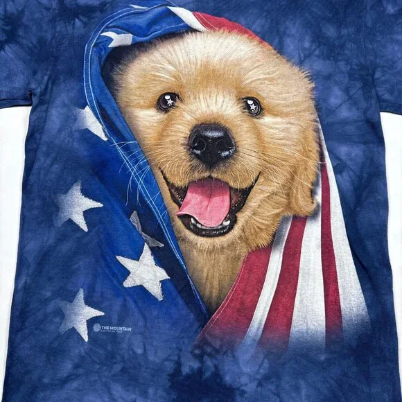 The Mountain Blue Tie-Dye Golden Retriever Puppy Dog USA Flag T-Shirt Adult Med - Picture 3 of 5